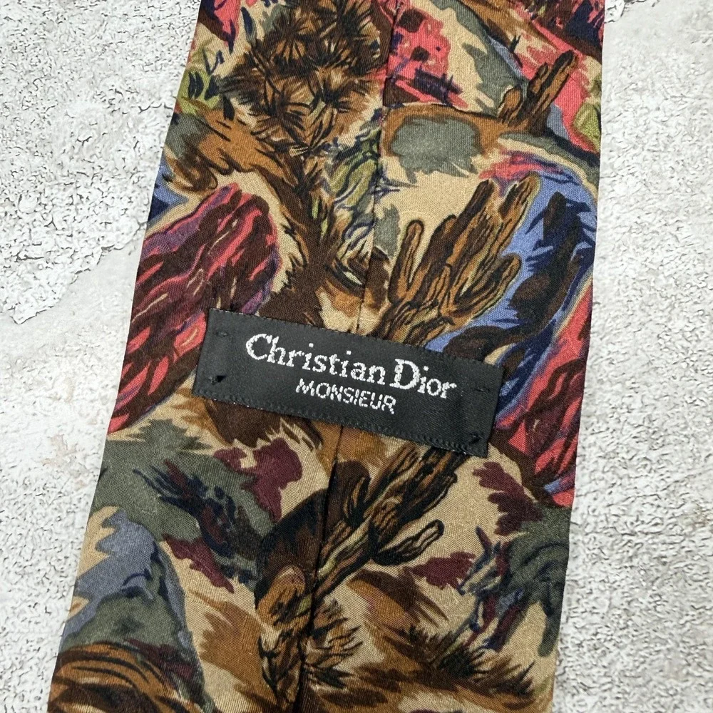 Christian‎ Dior 100% Silk Tie Mens One Size Brown Jacquard Necktie Western Art